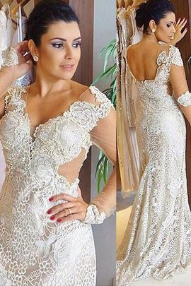 Robe de mariée naturel v encolure en forme avec manche longue de traîne courte