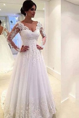 Robe de mariée naturel avec manche longue avec lacets de mode de bal v encolure