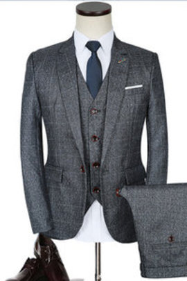 3 pièces veste + pantalon + gilet gris costumes plaid hommes marié tuxedos