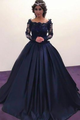 Robe de soirée avec manche longue de col bateau appliques passionnant naturel