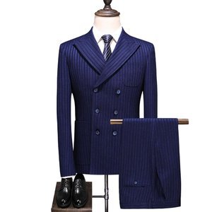 Rayé 3 pièces costumes pour hommes bleu marine double boutonnage vêtements