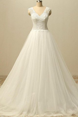 Robe de mariée ligne a manche nulle v encolure avec décoration dentelle en tulle