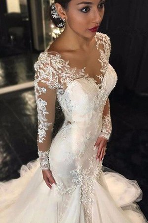 Robe de mariée naturel avec manche longue dos nu v encolure de traîne moyenne