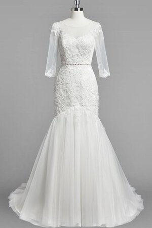 Robe de mariée de traîne moyenne encolure ronde de sirène avec perle avec manche 3/4