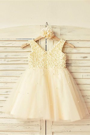 Robe cortège fille v encolure avec sans manches en tulle avec fleurs avec perles