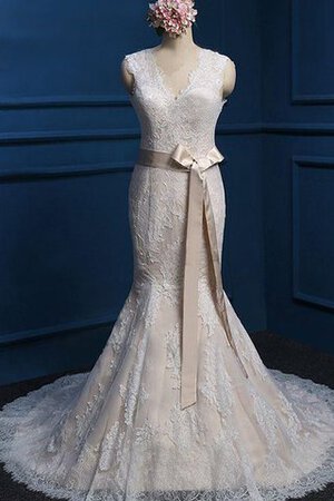 Robe de mariée naturel de sirène v encolure avec ruban ceinture