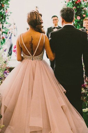 Robe de mariée naturel avec perle en organza de traîne courte manche nulle