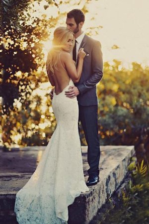 Robe de mariée brillant de lotus avec décoration dentelle bretelles spaghetti naturel