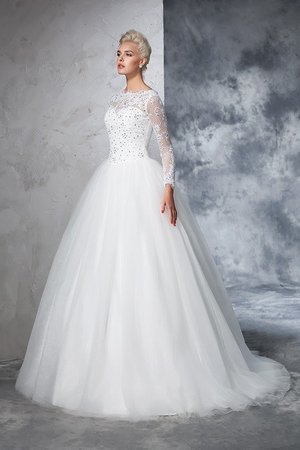 Robe de mariée longue col en bateau avec zip de traîne courte avec manche longue