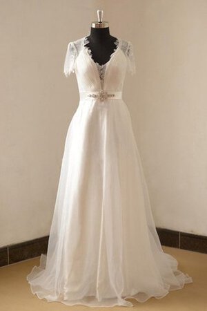 Robe de mariée v encolure avec manche courte ruché au bord de la mer jusqu'au sol