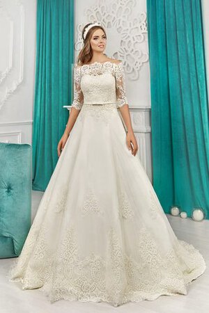 Robe de mariée naturel d'epaule ecrite ligne a decoration en fleur de traîne moyenne