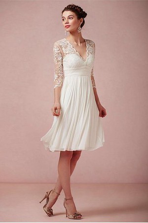 Robe de mariée satin chiffon petite col en v a-ligne empire