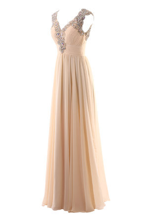 Robe de soirée romantique avec cristal v encolure a-ligne avec chiffon