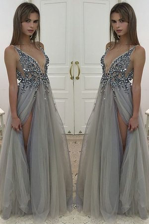 Robe de soirée de princesse manche nulle a-ligne en tulle longueur au ras du sol