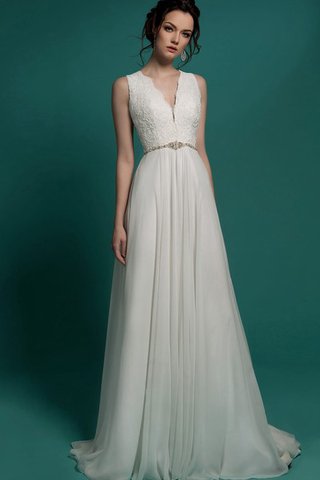 Robe de mariée plissage manche nulle avec chiffon de col en v jusqu'au sol