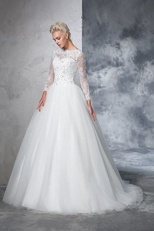 Robe de mariée longue col en bateau avec zip de traîne courte avec manche longue