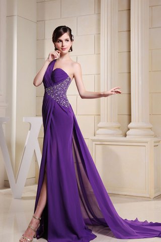 Robe de soirée longue fendu latérale ruché avec perle d'épaule asymétrique