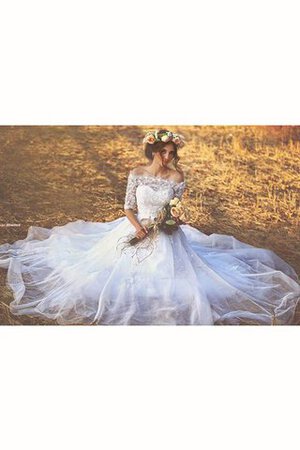 Robe de mariée naturel de traîne mi-longue en dentelle ligne a d'epaule ecrite