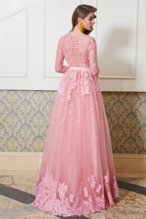 Robe de bal a-ligne textile en tulle appliques encolure ronde de princesse