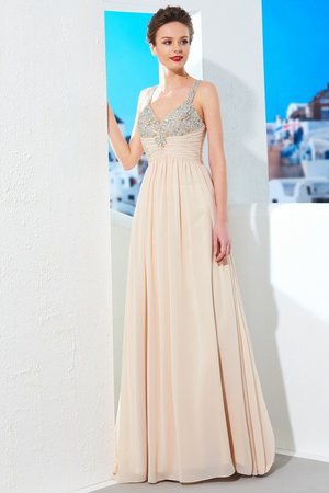 Robe de soirée naturel manche nulle de princesse avec chiffon avec perle