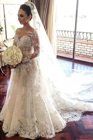 Robe de mariée naturel avec manche longue de princesse textile en tulle ligne a