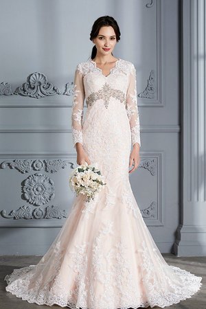 Robe de mariée naturel en organza de traîne courte v encolure avec manche longue