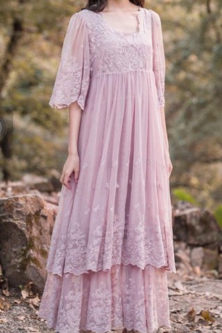 Robe demoiselle d'honneur facile delicat avec fleurs avec manche longue avec gradins