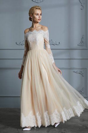 Robe de mariée a-ligne voyant longueur au ras du sol avec manche longue textile en tulle