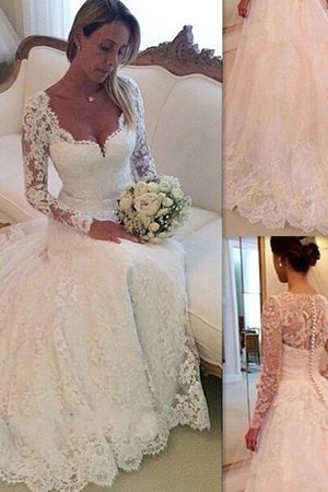 Robe de mariée naturel avec manche longue de col en v en tulle de traîne moyenne