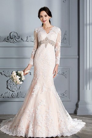 Robe de mariée naturel en organza de traîne courte v encolure avec manche longue