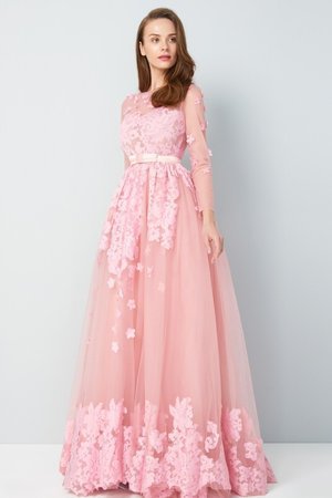 Robe de soirée textile en tulle appliques a-ligne avec manche 3/4 de princesse