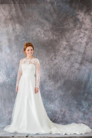 Robe de mariée naturel de traîne mi-longue encolure ronde avec manche longue ligne a