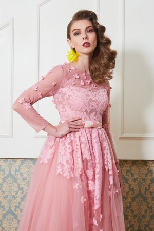 Robe de bal a-ligne textile en tulle appliques encolure ronde de princesse