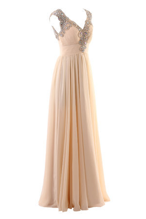 Robe de soirée romantique avec cristal v encolure a-ligne avec chiffon