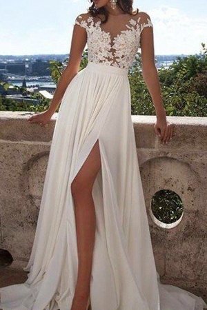 Robe de mariée naturel en chiffon de princesse encolure ronde appliques