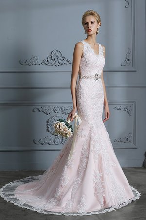 Robe de mariée de col en v de sirène en tulle éblouissant naturel