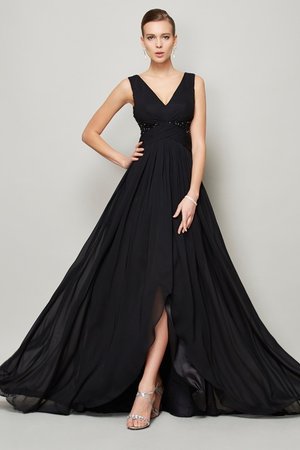 Robe de soirée avec perle ligne a fermeutre eclair v encolure avec chiffon