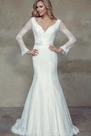 Robe de mariée naturel avec ruban avec manche longue ceinture en étoffe jusqu'au sol