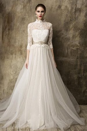 Robe de mariée plissé romantique intemporel avec décoration dentelle a-ligne