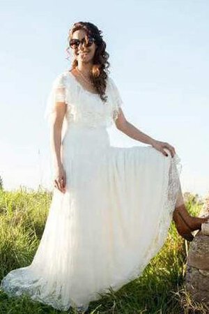 Robe de mariée nature a-ligne avec manche courte jusqu'au sol en dentelle