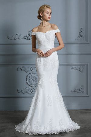 Robe de mariée fantastique manche nulle en tulle avec décoration dentelle naturel