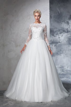 Robe de mariée longue col en bateau avec zip de traîne courte avec manche longue