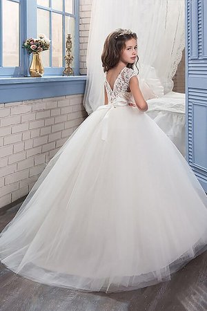 Robe cortège fille en tulle avec fleurs avec perle manche nulle de mode de bal