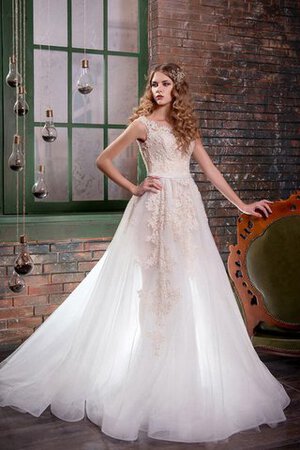 Robe de mariée textile en tulle manche nulle appliques encolure ronde de traîne mi-longue