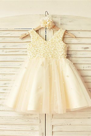 Robe cortège fille v encolure avec sans manches en tulle avec fleurs avec perles