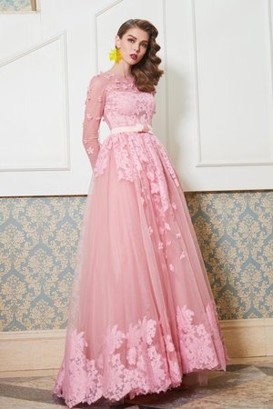 Robe de bal a-ligne textile en tulle appliques encolure ronde de princesse