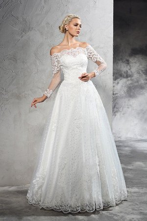 Robe de mariée longue naturel jusqu'au sol avec zip avec décoration dentelle