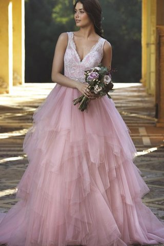 Robe de mariée naturel textile en tulle manche nulle jusqu'au sol avec décoration dentelle