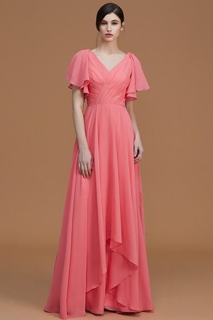 Robe demoiselle d'honneur naturel ruché de col en v de princesse avec manche courte