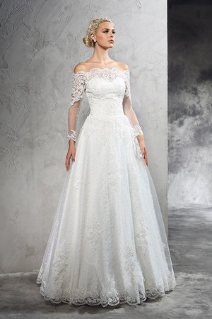 Robe de mariée longue naturel jusqu'au sol avec zip avec décoration dentelle